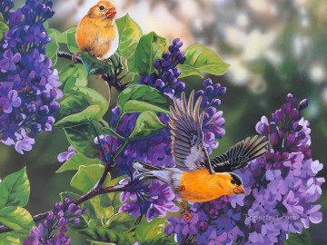  birds Oil Painting - birds and purple flowers